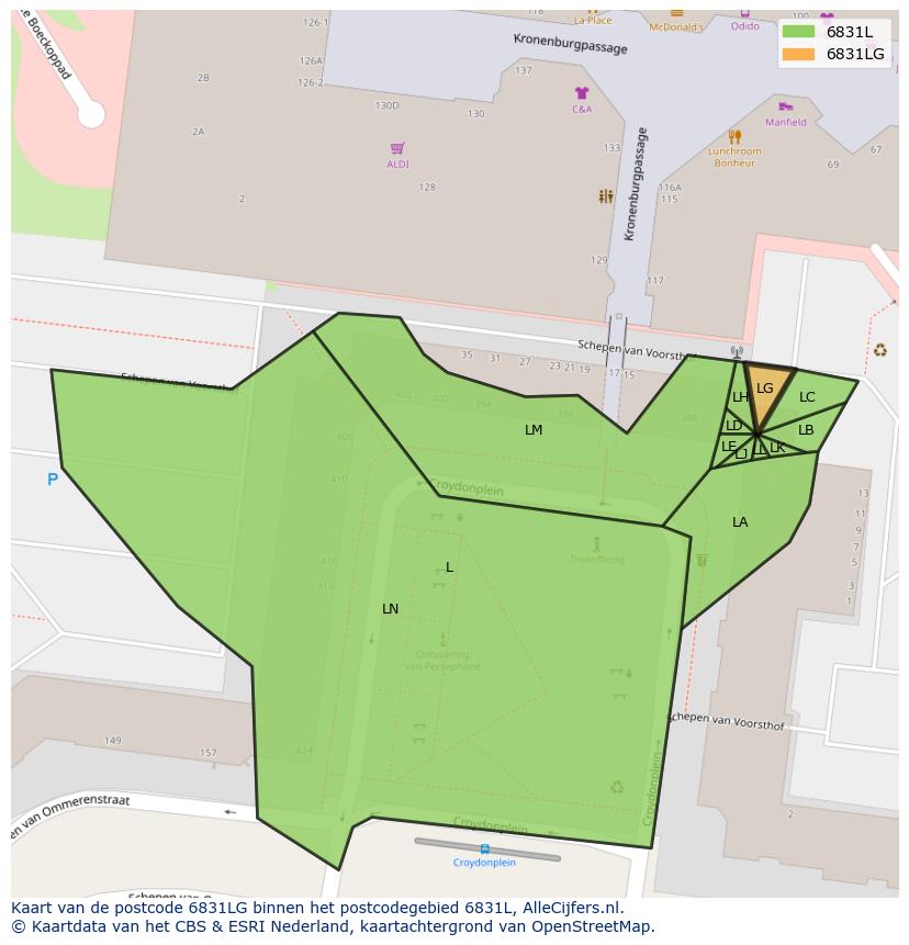 Afbeelding van het postcodegebied 6831 LG op de kaart.