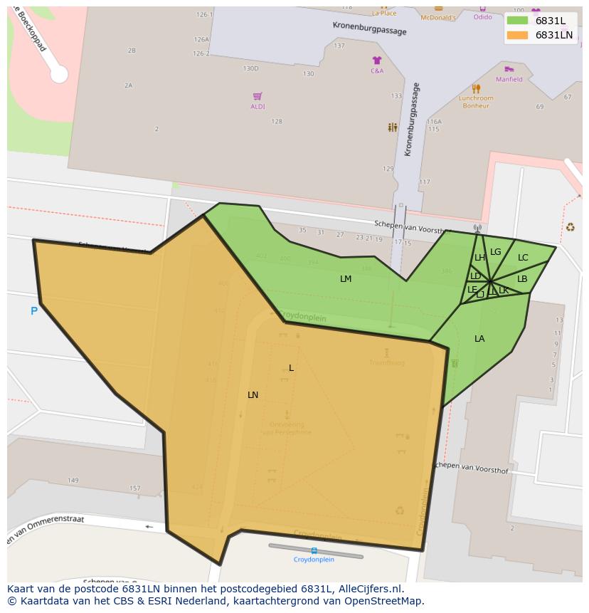 Afbeelding van het postcodegebied 6831 LN op de kaart.