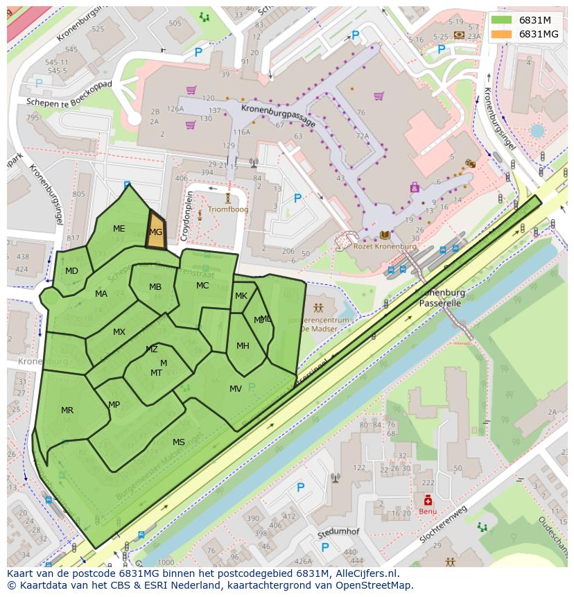 Afbeelding van het postcodegebied 6831 MG op de kaart.