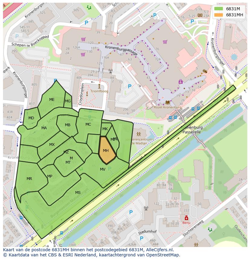 Afbeelding van het postcodegebied 6831 MH op de kaart.