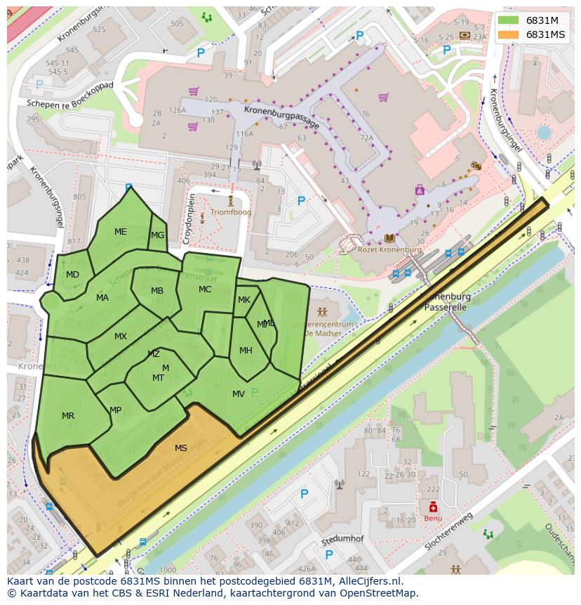 Afbeelding van het postcodegebied 6831 MS op de kaart.
