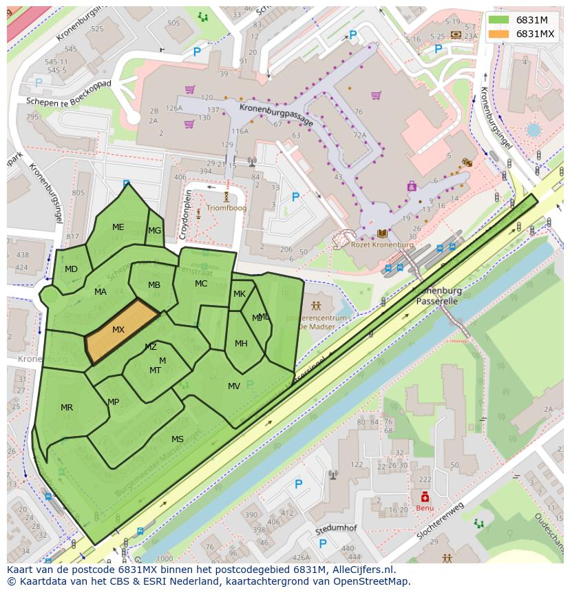 Afbeelding van het postcodegebied 6831 MX op de kaart.