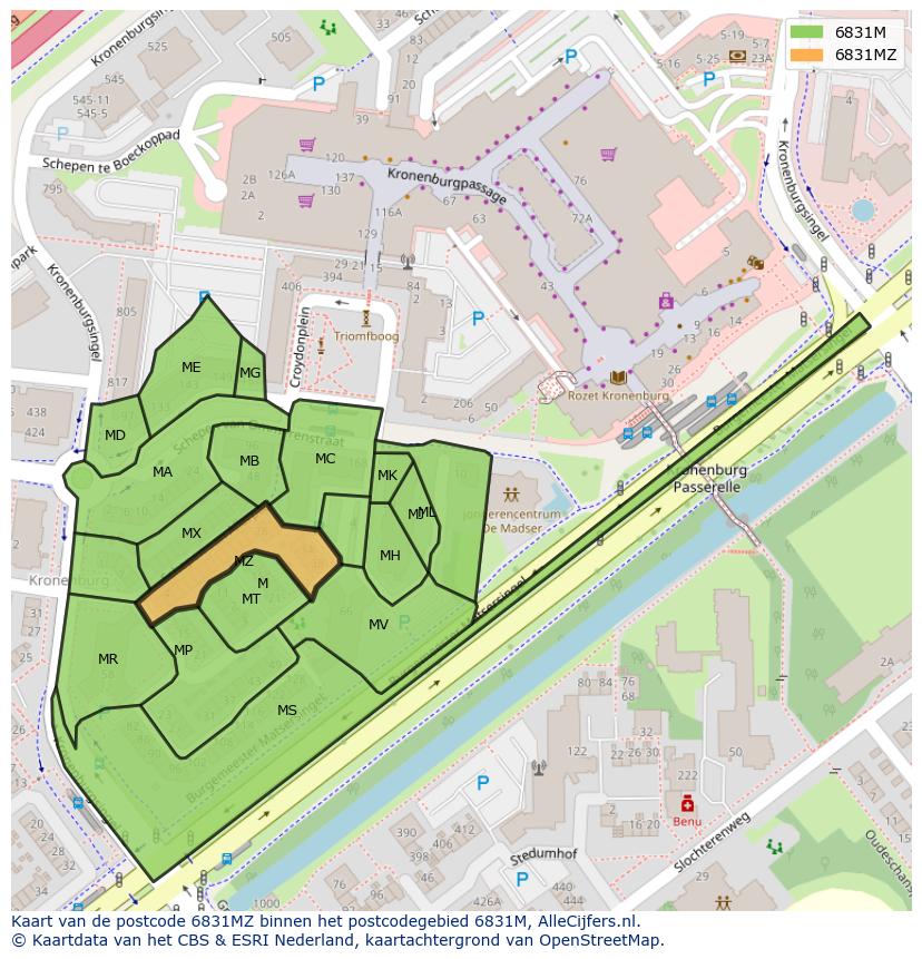 Afbeelding van het postcodegebied 6831 MZ op de kaart.