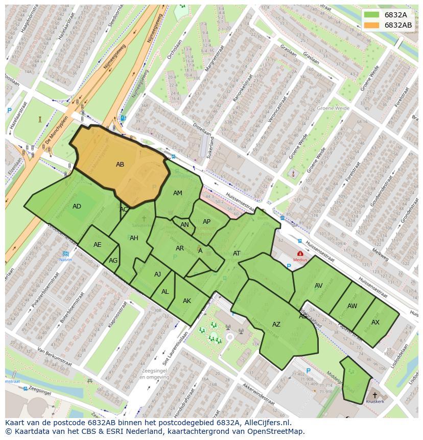 Afbeelding van het postcodegebied 6832 AB op de kaart.