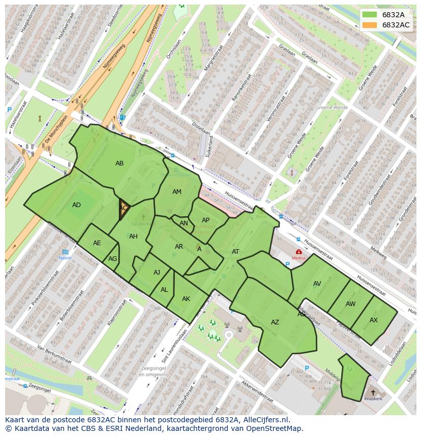 Afbeelding van het postcodegebied 6832 AC op de kaart.
