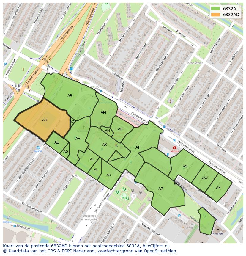 Afbeelding van het postcodegebied 6832 AD op de kaart.