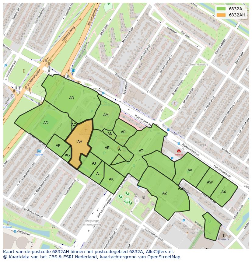 Afbeelding van het postcodegebied 6832 AH op de kaart.