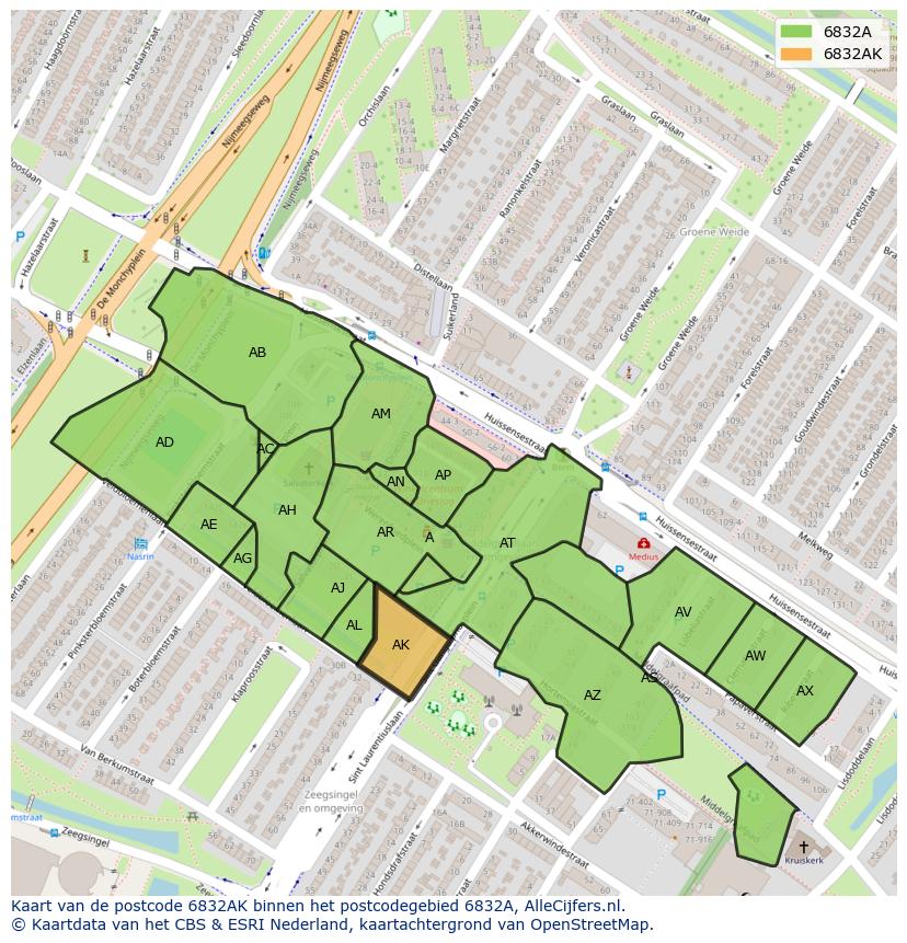 Afbeelding van het postcodegebied 6832 AK op de kaart.
