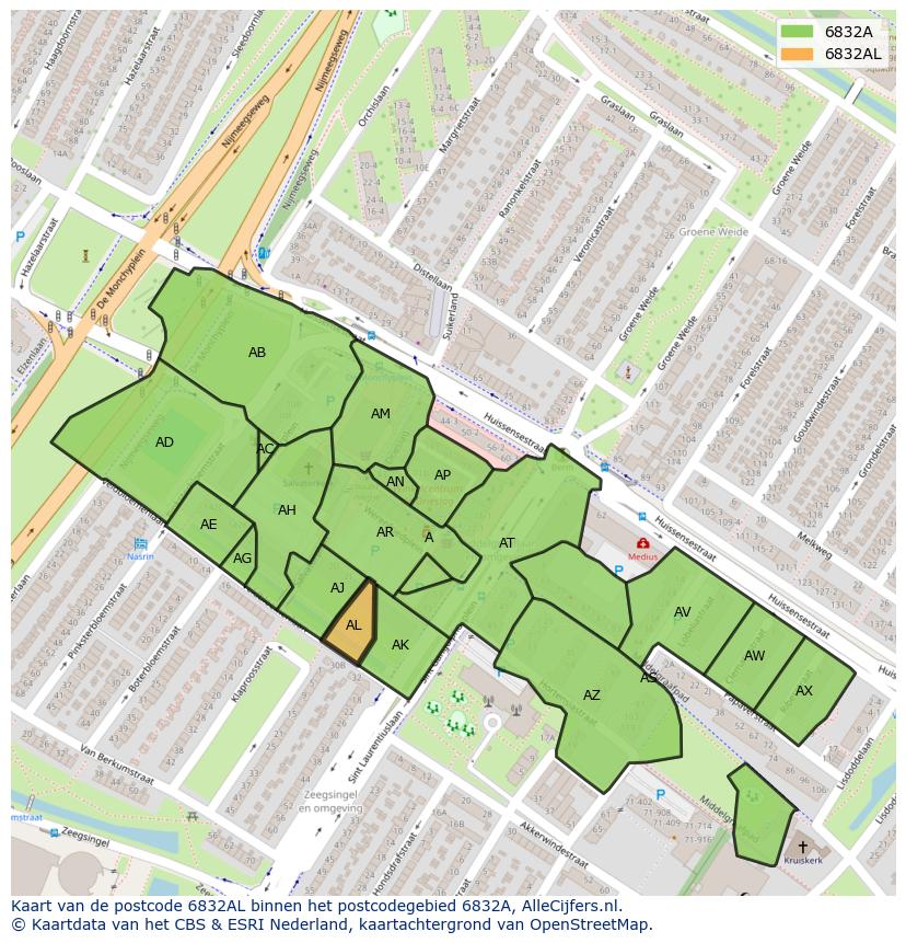 Afbeelding van het postcodegebied 6832 AL op de kaart.