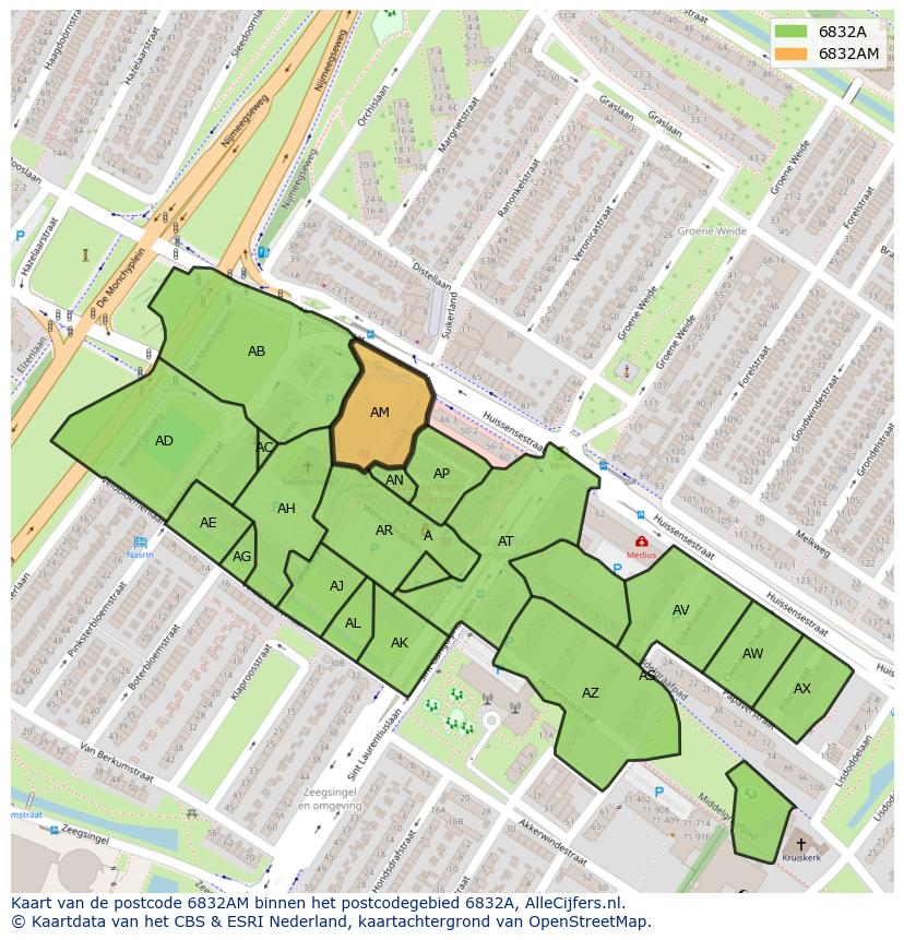 Afbeelding van het postcodegebied 6832 AM op de kaart.