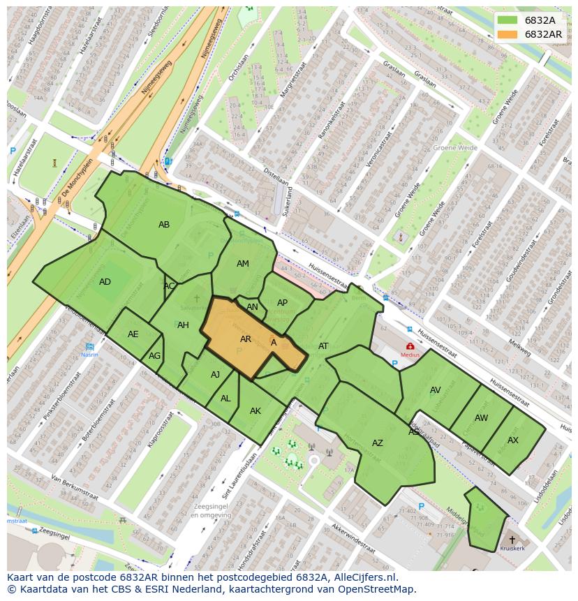 Afbeelding van het postcodegebied 6832 AR op de kaart.