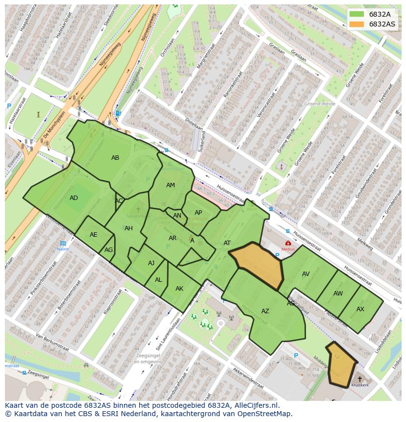 Afbeelding van het postcodegebied 6832 AS op de kaart.