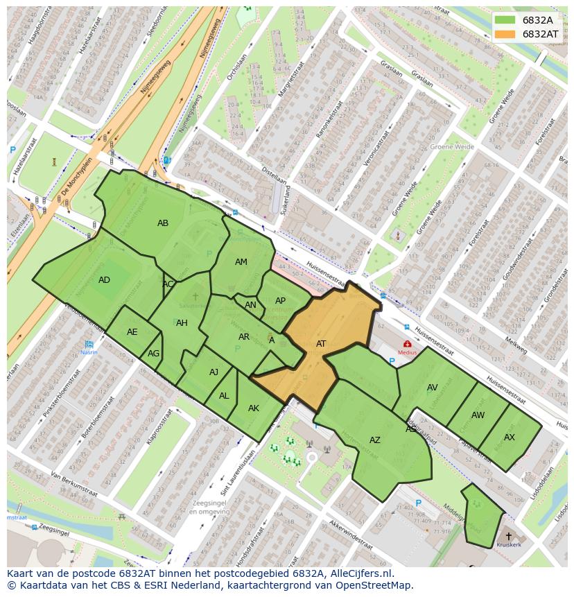 Afbeelding van het postcodegebied 6832 AT op de kaart.