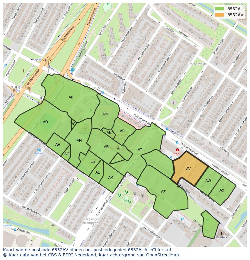 Afbeelding van het postcodegebied 6832 AV op de kaart.