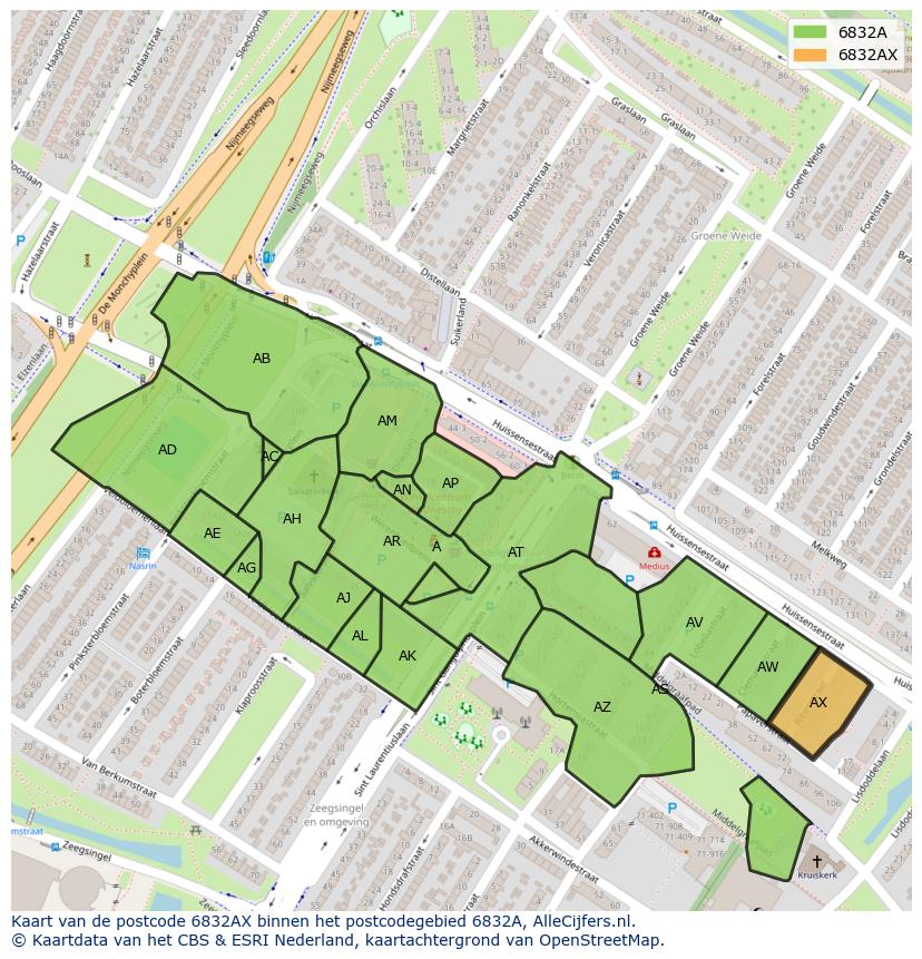 Afbeelding van het postcodegebied 6832 AX op de kaart.