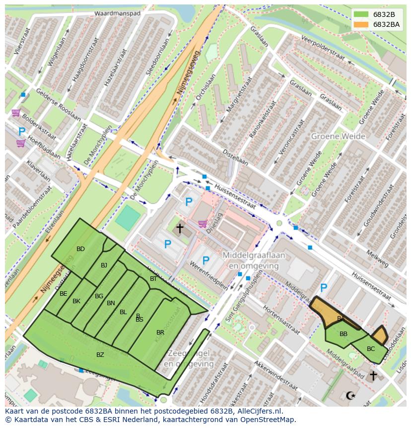 Afbeelding van het postcodegebied 6832 BA op de kaart.