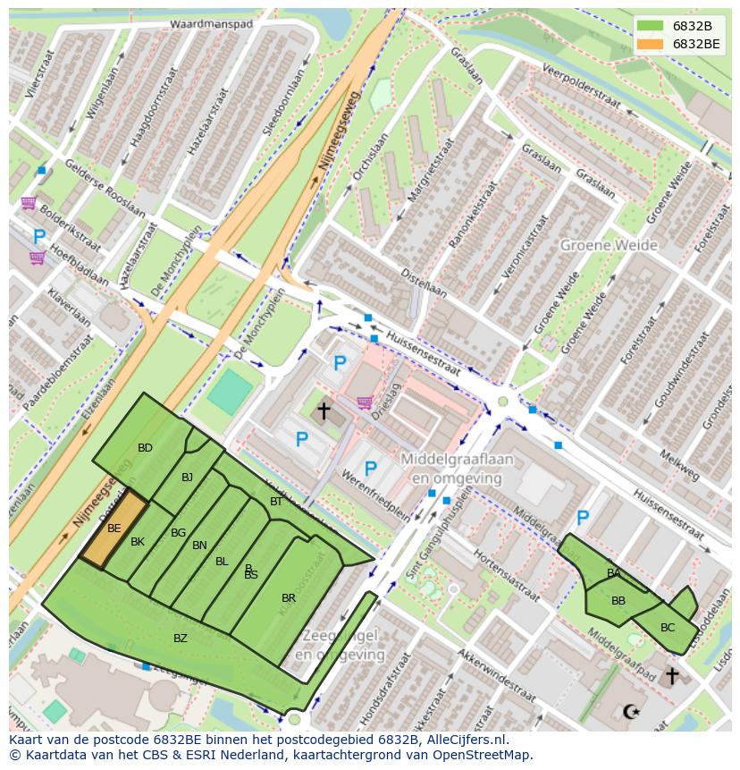 Afbeelding van het postcodegebied 6832 BE op de kaart.