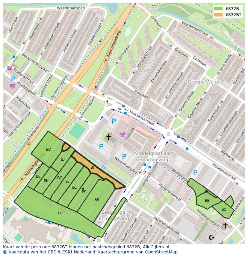 Afbeelding van het postcodegebied 6832 BT op de kaart.