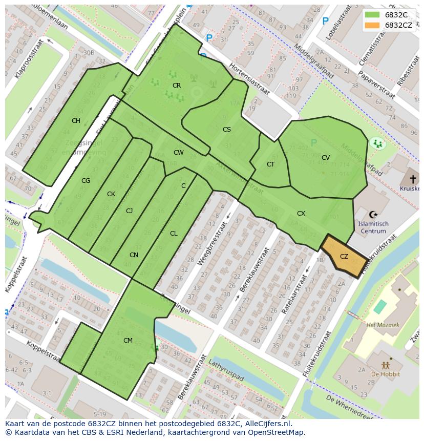 Afbeelding van het postcodegebied 6832 CZ op de kaart.