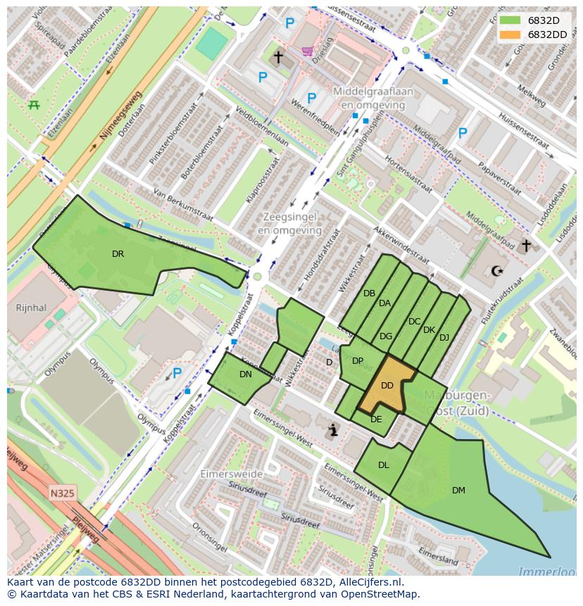 Afbeelding van het postcodegebied 6832 DD op de kaart.