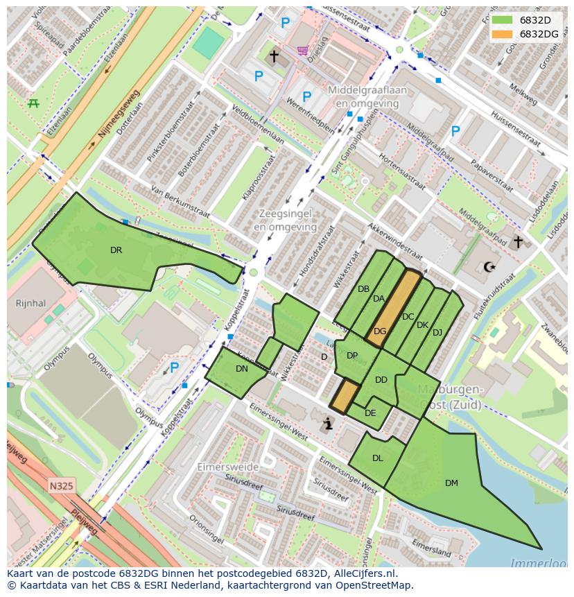 Afbeelding van het postcodegebied 6832 DG op de kaart.