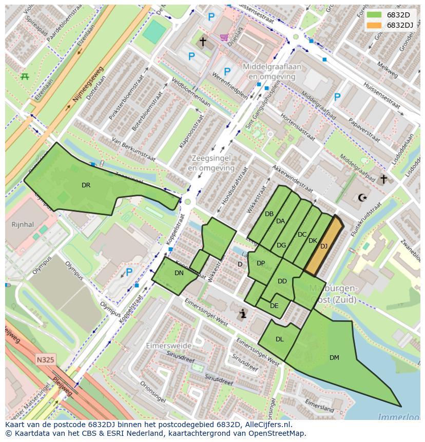 Afbeelding van het postcodegebied 6832 DJ op de kaart.