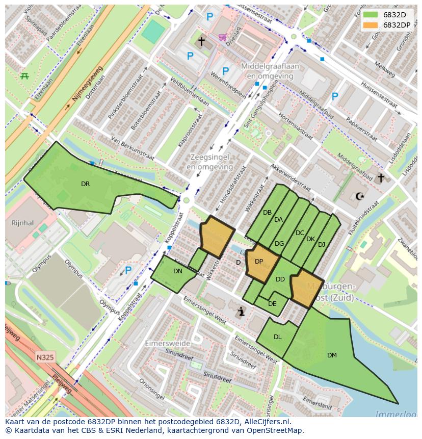 Afbeelding van het postcodegebied 6832 DP op de kaart.