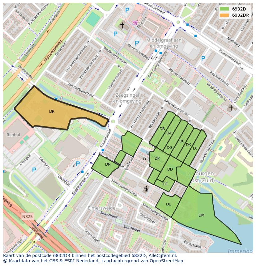 Afbeelding van het postcodegebied 6832 DR op de kaart.