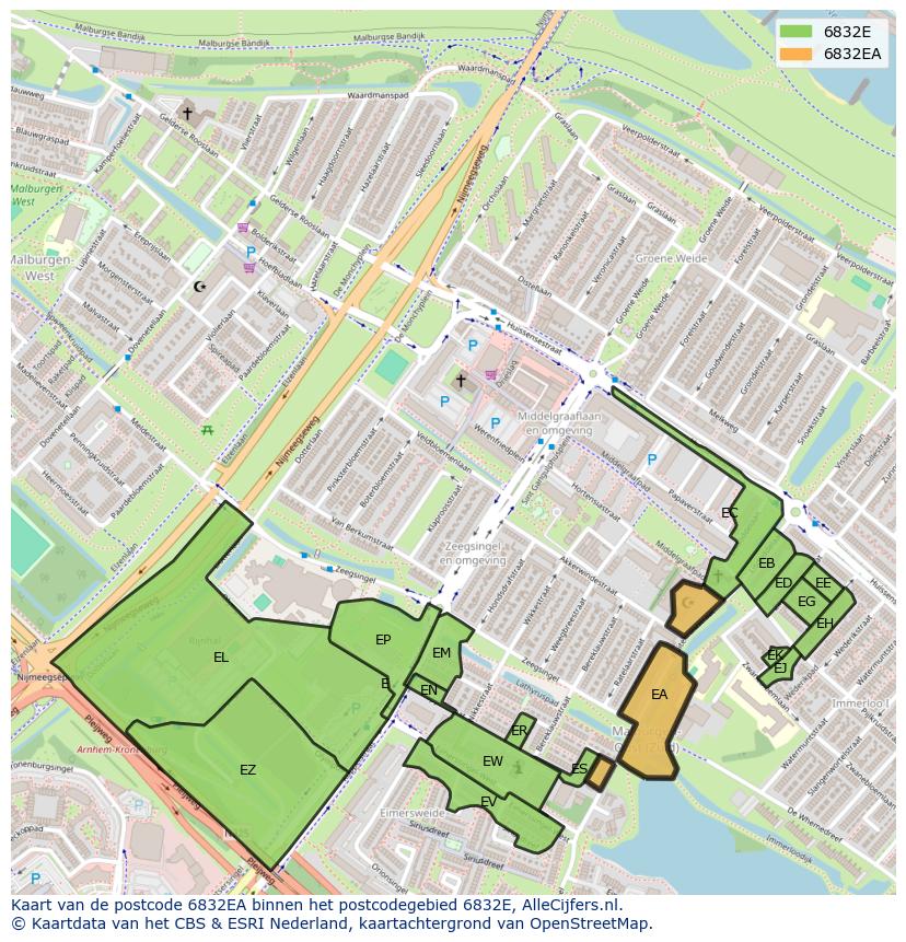 Afbeelding van het postcodegebied 6832 EA op de kaart.