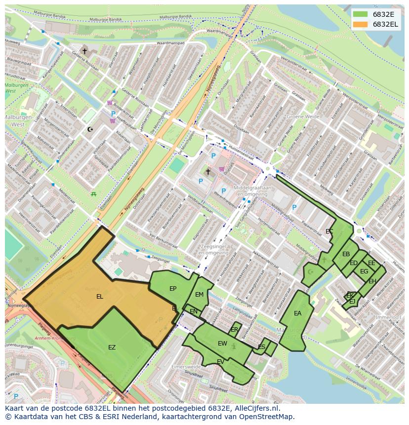 Afbeelding van het postcodegebied 6832 EL op de kaart.