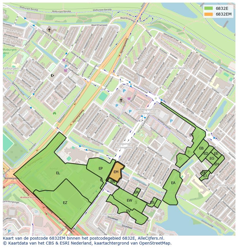 Afbeelding van het postcodegebied 6832 EM op de kaart.
