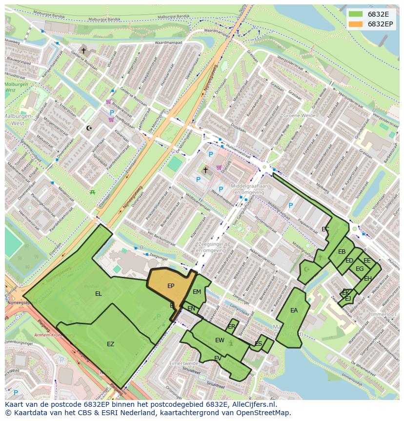 Afbeelding van het postcodegebied 6832 EP op de kaart.