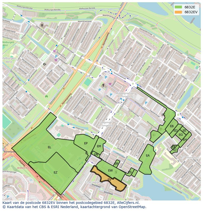 Afbeelding van het postcodegebied 6832 EV op de kaart.