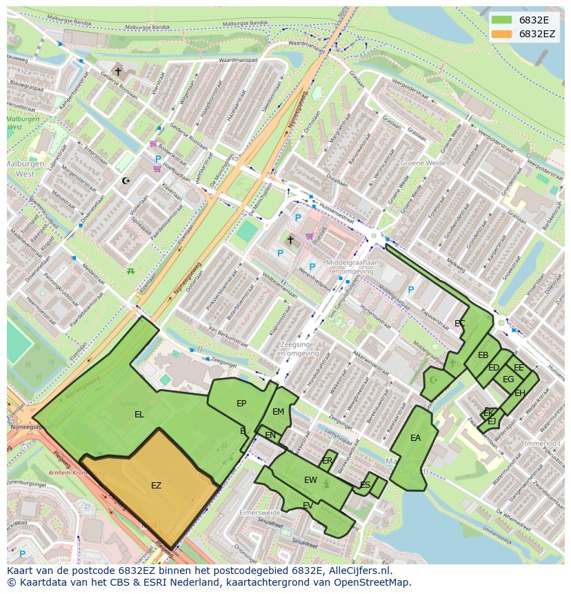 Afbeelding van het postcodegebied 6832 EZ op de kaart.