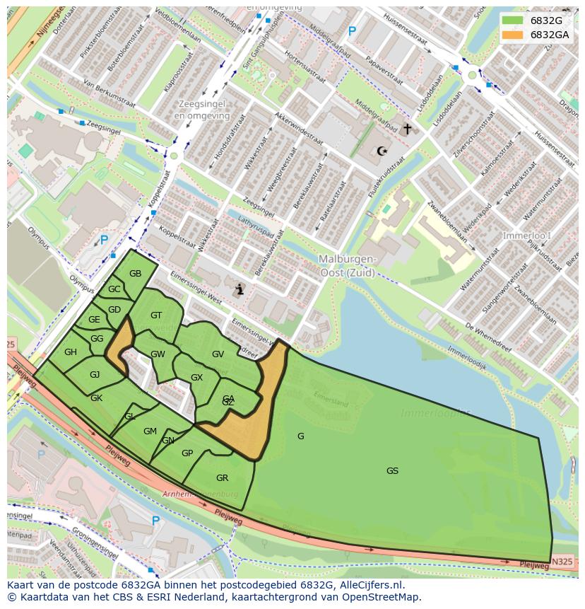 Afbeelding van het postcodegebied 6832 GA op de kaart.