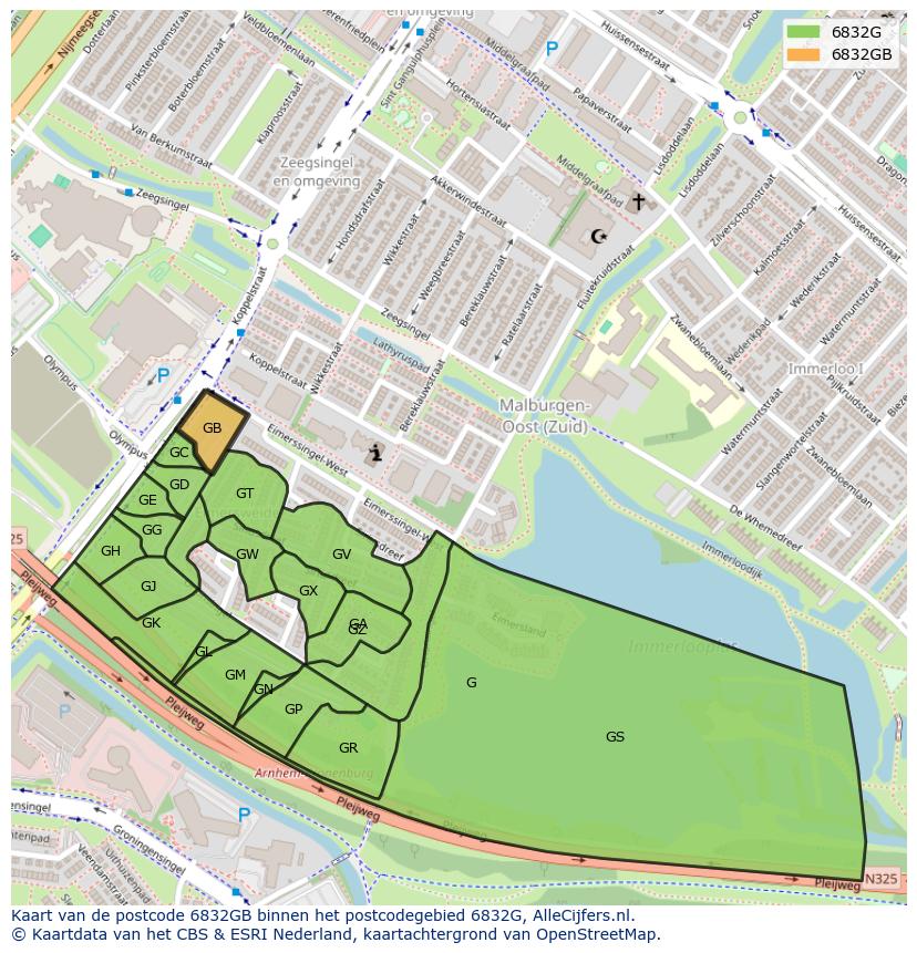 Afbeelding van het postcodegebied 6832 GB op de kaart.
