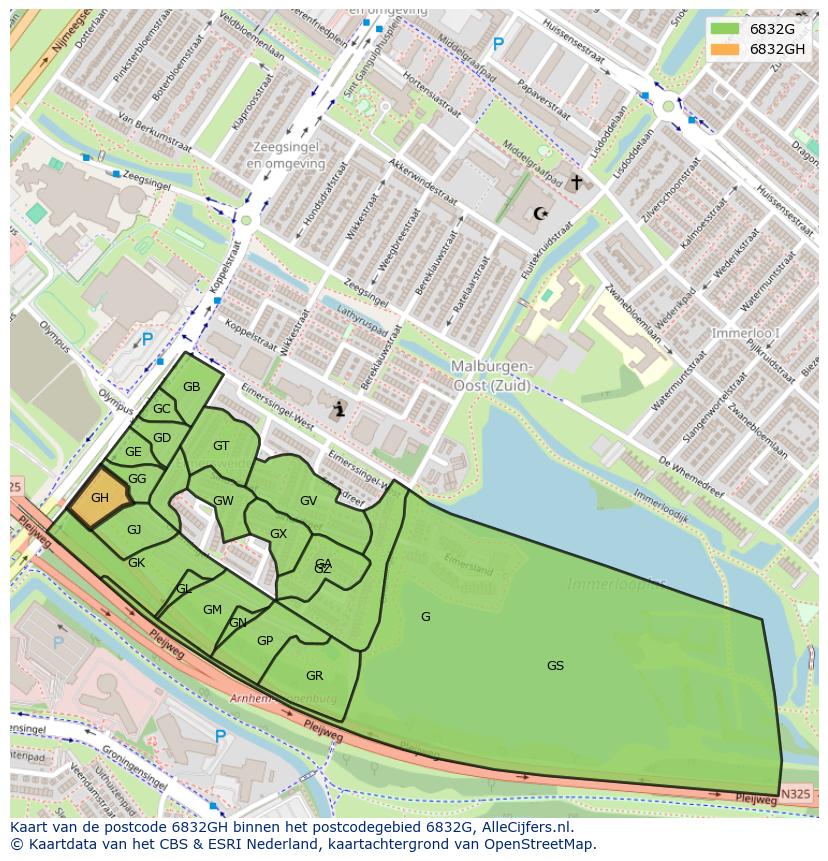Afbeelding van het postcodegebied 6832 GH op de kaart.