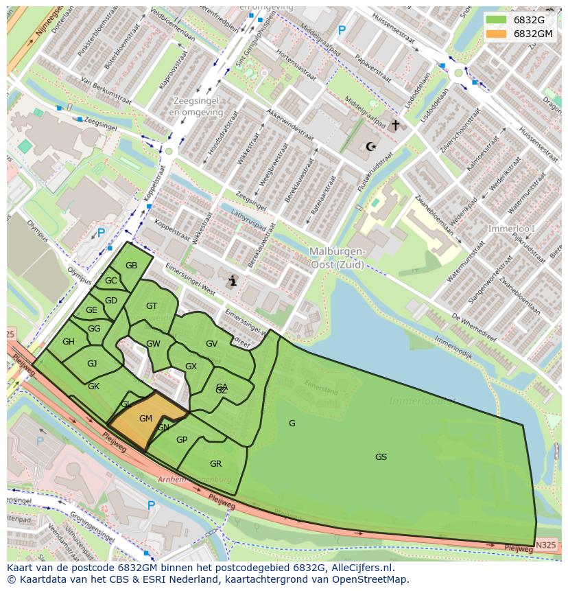 Afbeelding van het postcodegebied 6832 GM op de kaart.