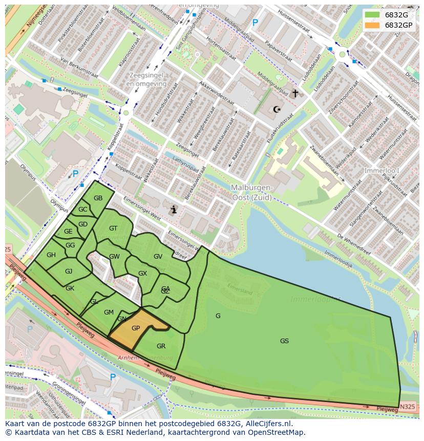 Afbeelding van het postcodegebied 6832 GP op de kaart.