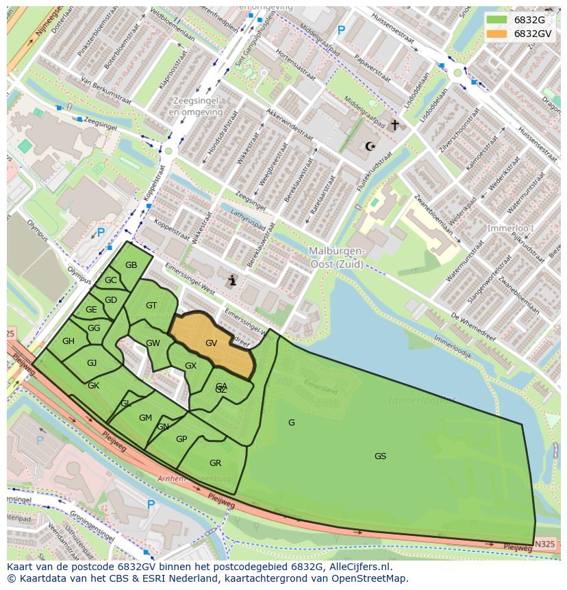 Afbeelding van het postcodegebied 6832 GV op de kaart.