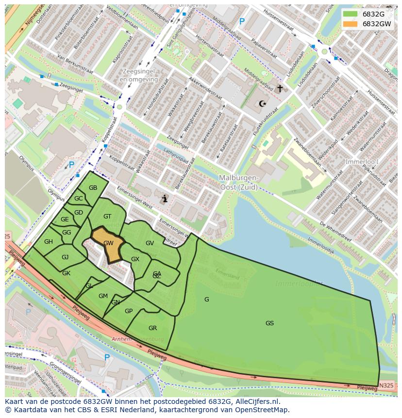 Afbeelding van het postcodegebied 6832 GW op de kaart.