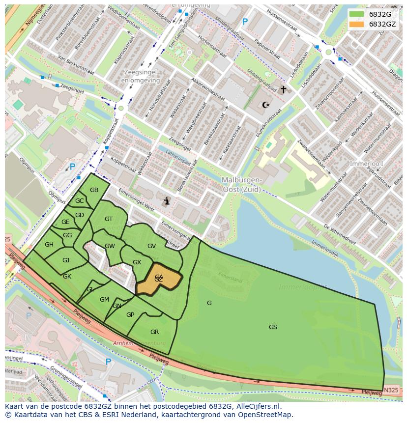Afbeelding van het postcodegebied 6832 GZ op de kaart.