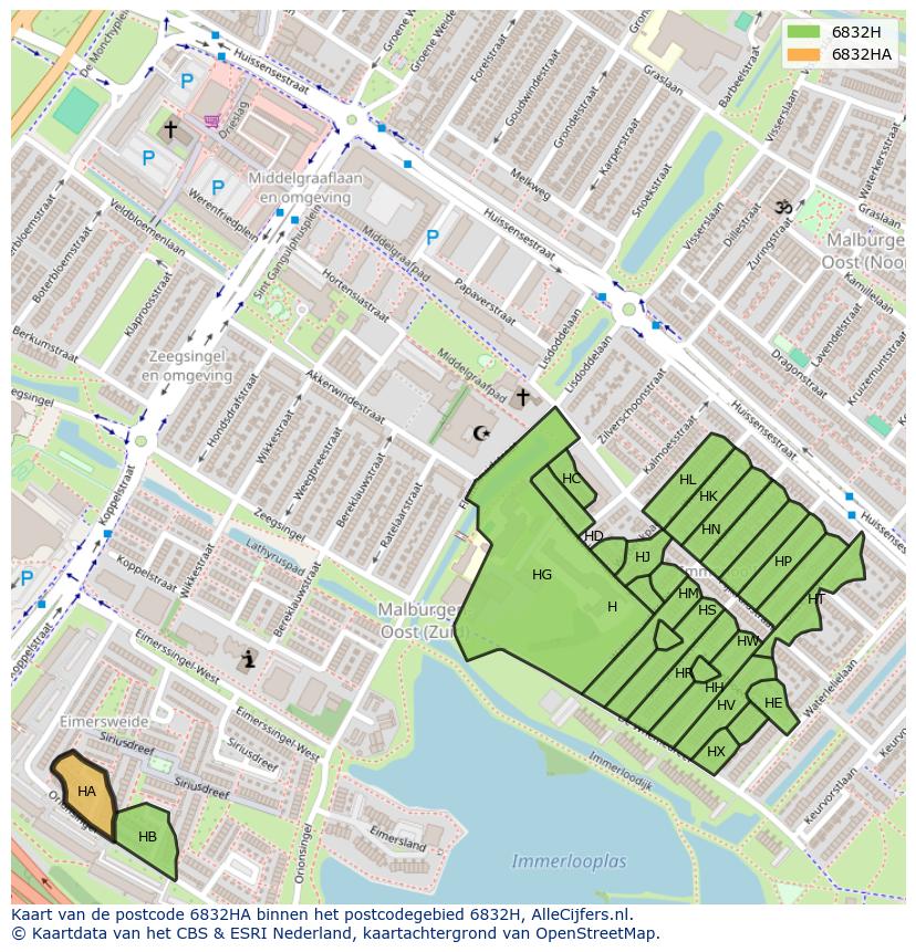 Afbeelding van het postcodegebied 6832 HA op de kaart.