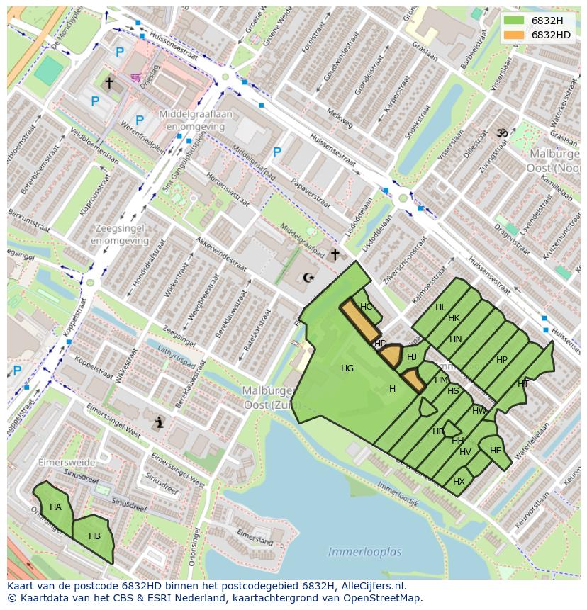 Afbeelding van het postcodegebied 6832 HD op de kaart.