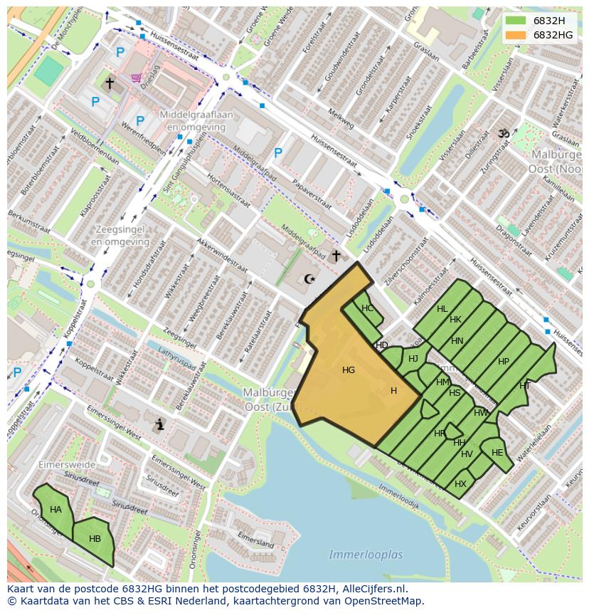 Afbeelding van het postcodegebied 6832 HG op de kaart.