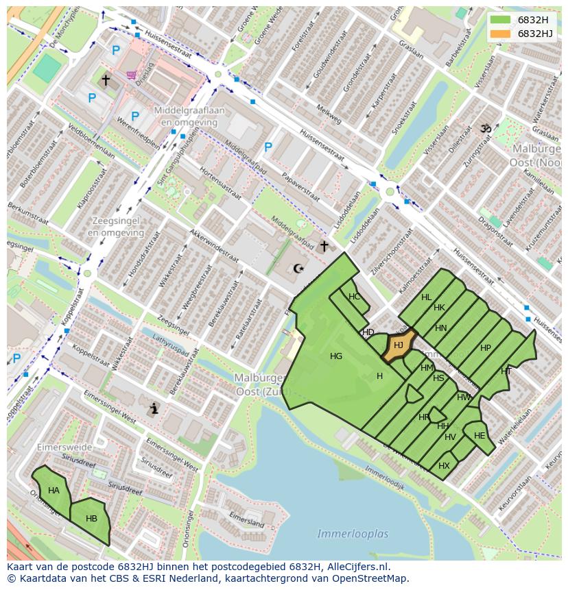 Afbeelding van het postcodegebied 6832 HJ op de kaart.