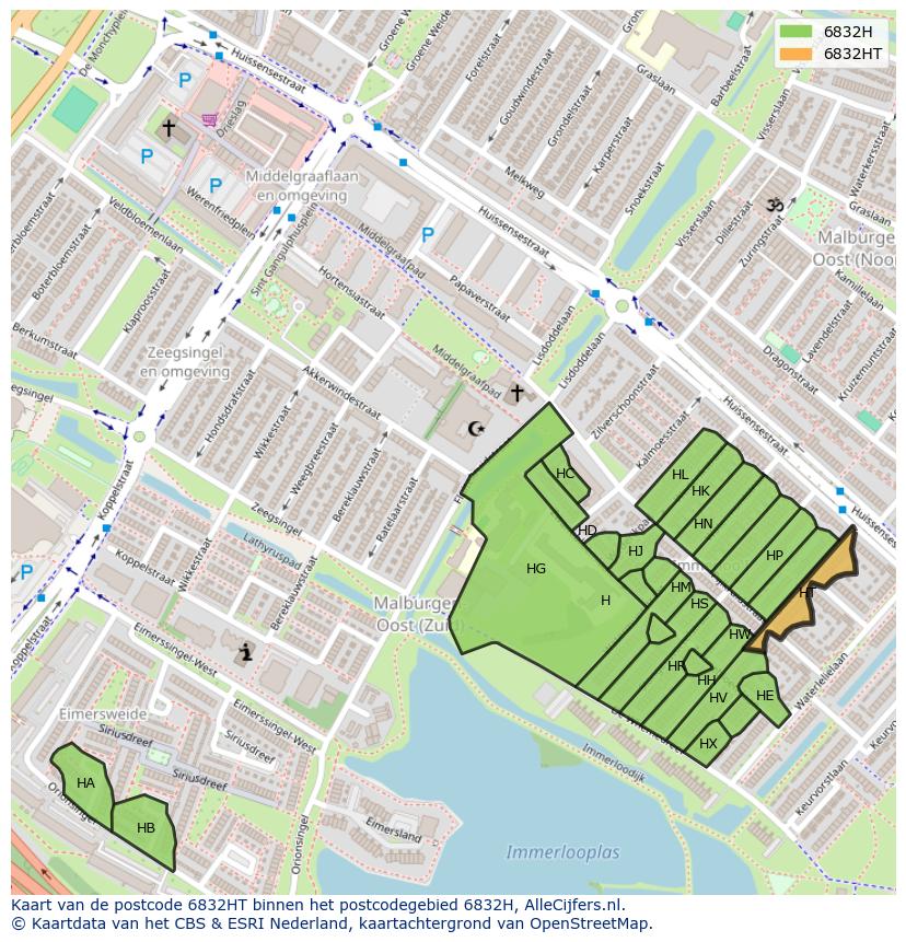 Afbeelding van het postcodegebied 6832 HT op de kaart.
