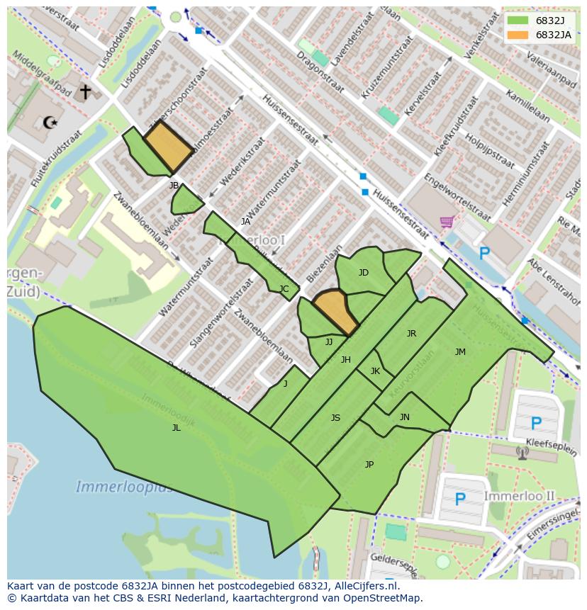 Afbeelding van het postcodegebied 6832 JA op de kaart.