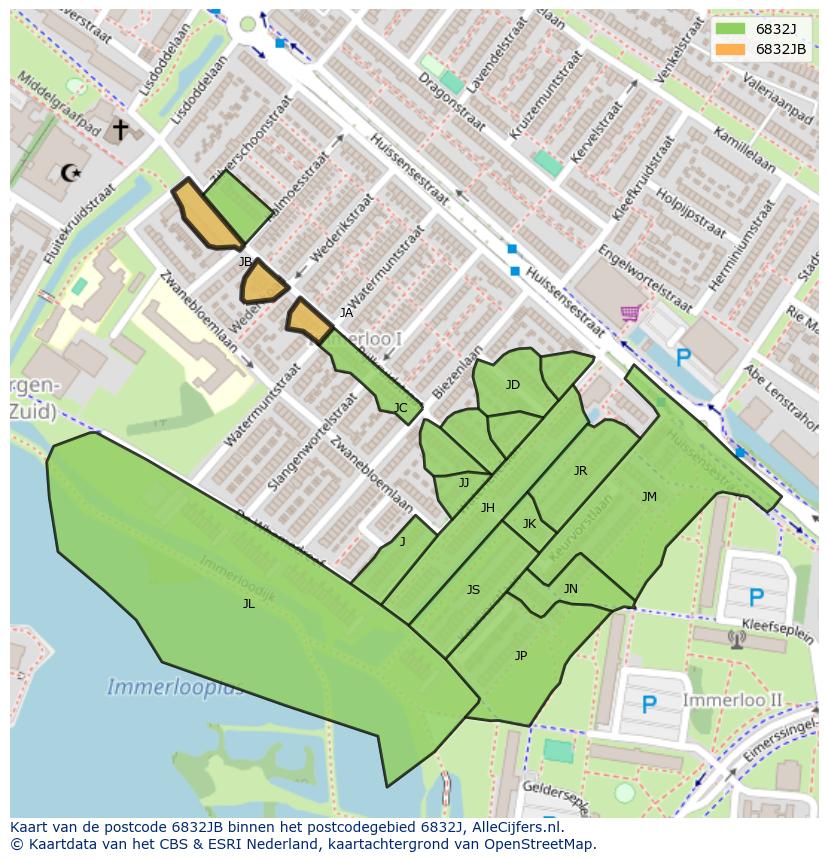 Afbeelding van het postcodegebied 6832 JB op de kaart.