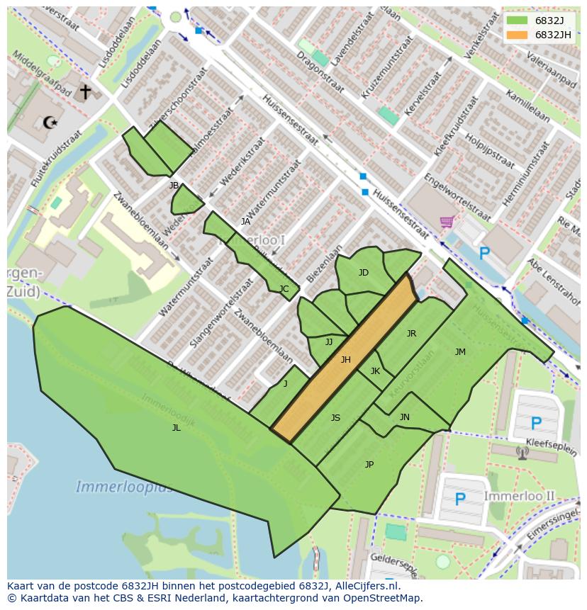 Afbeelding van het postcodegebied 6832 JH op de kaart.